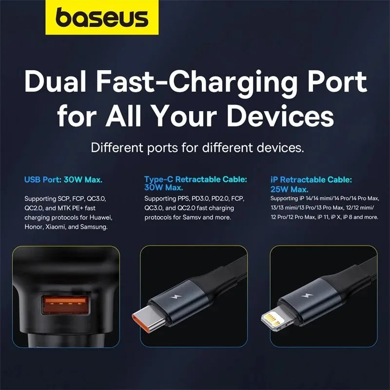 Baseus Car Charger 55W PD Fast Charge Retractable Cable For iPhone 160W USB Type C Car