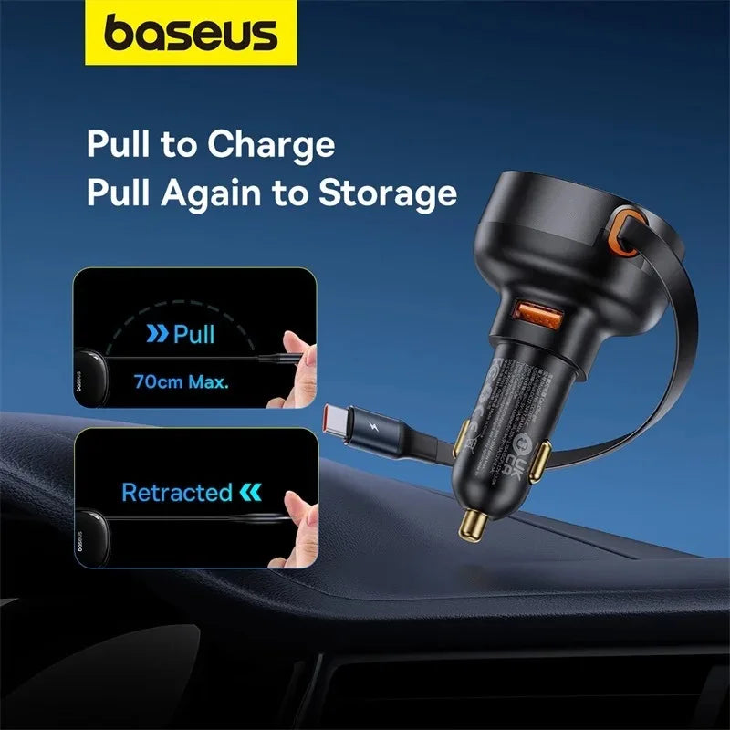 Baseus Car Charger 55W PD Fast Charge Retractable Cable For iPhone 160W USB Type C Car