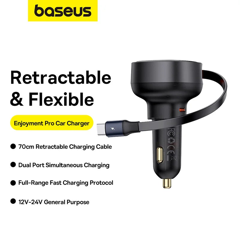 Baseus Car Charger 55W PD Fast Charge Retractable Cable For iPhone 160W USB Type C Car