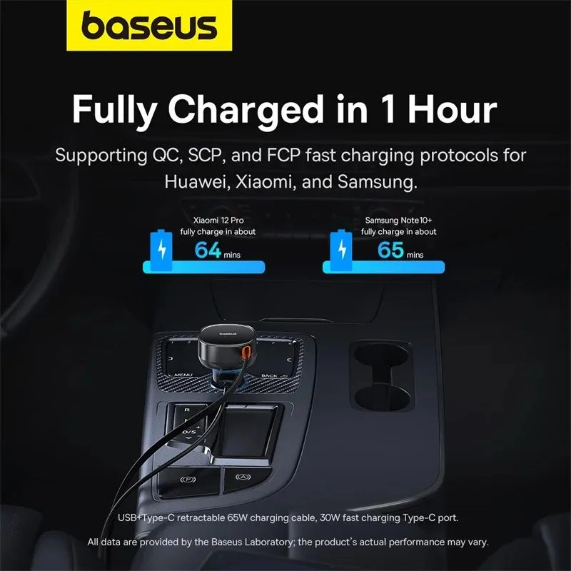 Baseus Car Charger 55W PD Fast Charge Retractable Cable For iPhone 160W USB Type C Car